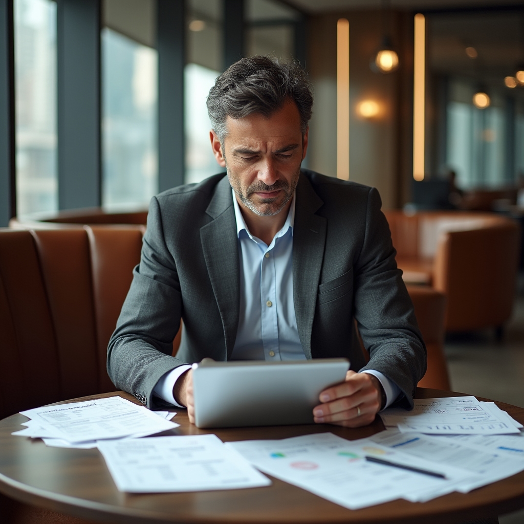 Titolare di piccola impresa immerso nella burocrazia cartacea