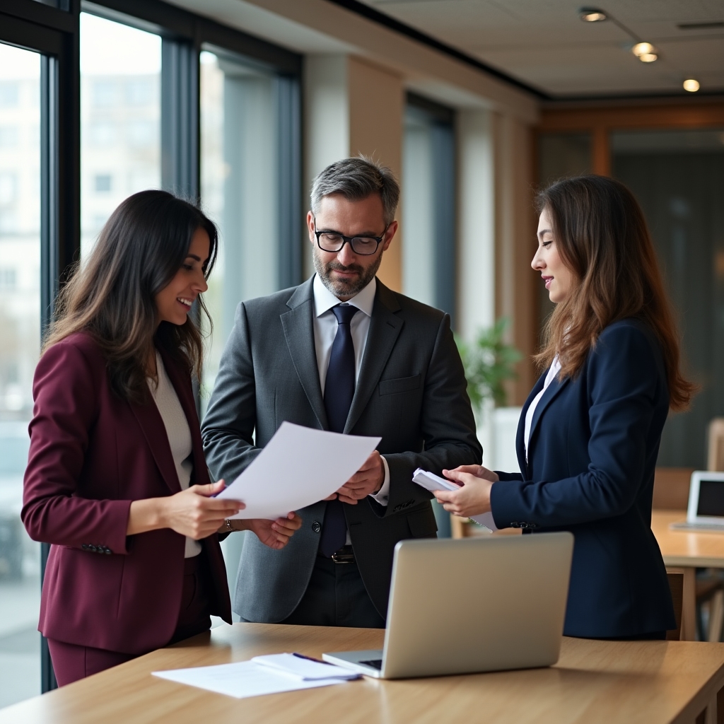 Team Zenarqenx collabora in ufficio su documenti amministrativi